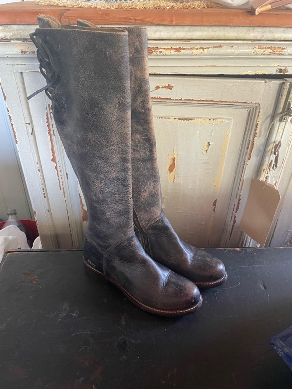 Bed Stu Distressed Over-the-Knee Leather Boots in Dark Brown